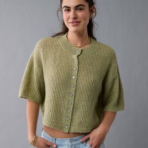 AE Short-Sleeve Crew Neck Cropped Cardigan